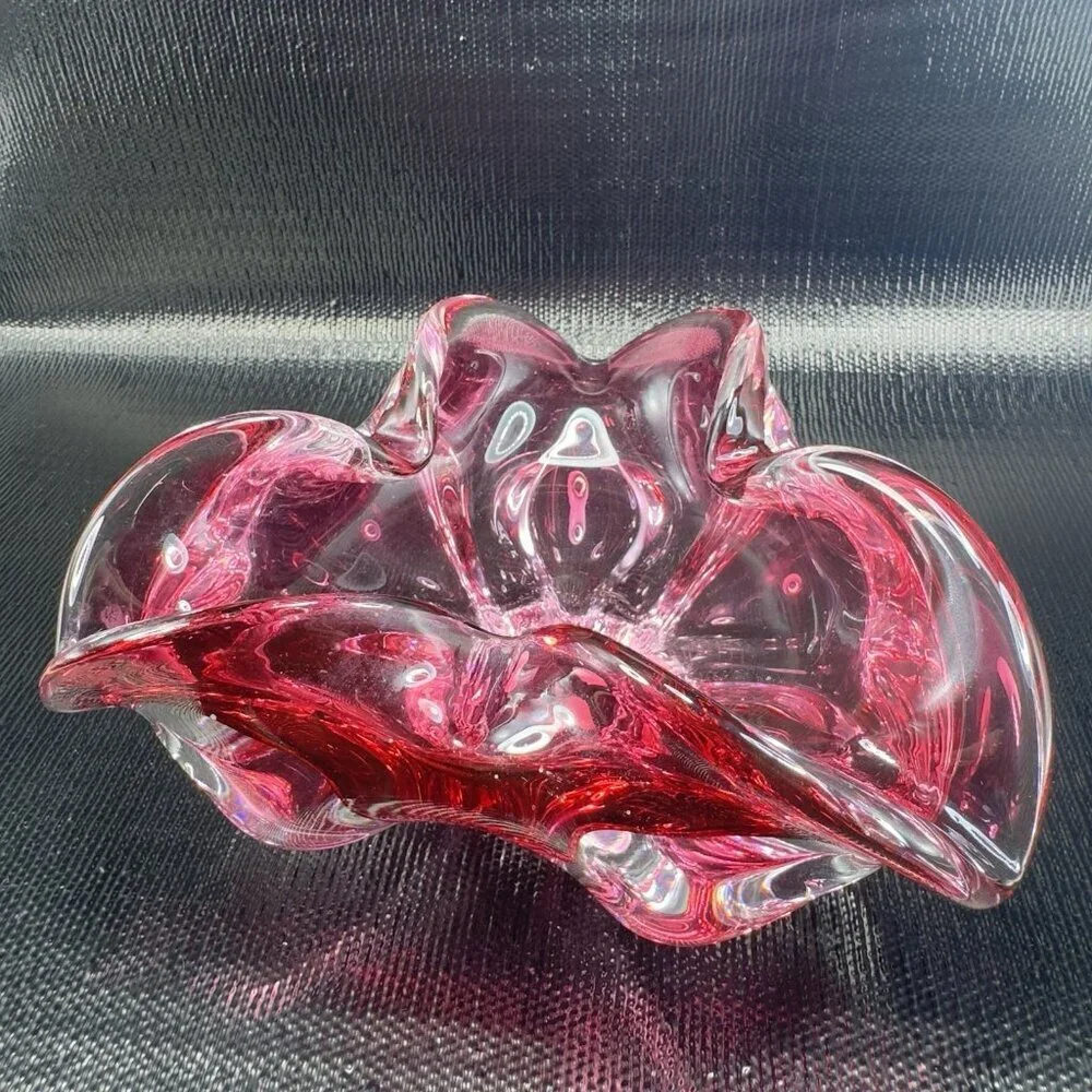 Hand Blown Bohemian Cranberry Art‎ Glass Dish Bowl Folded Edges Original Sticker